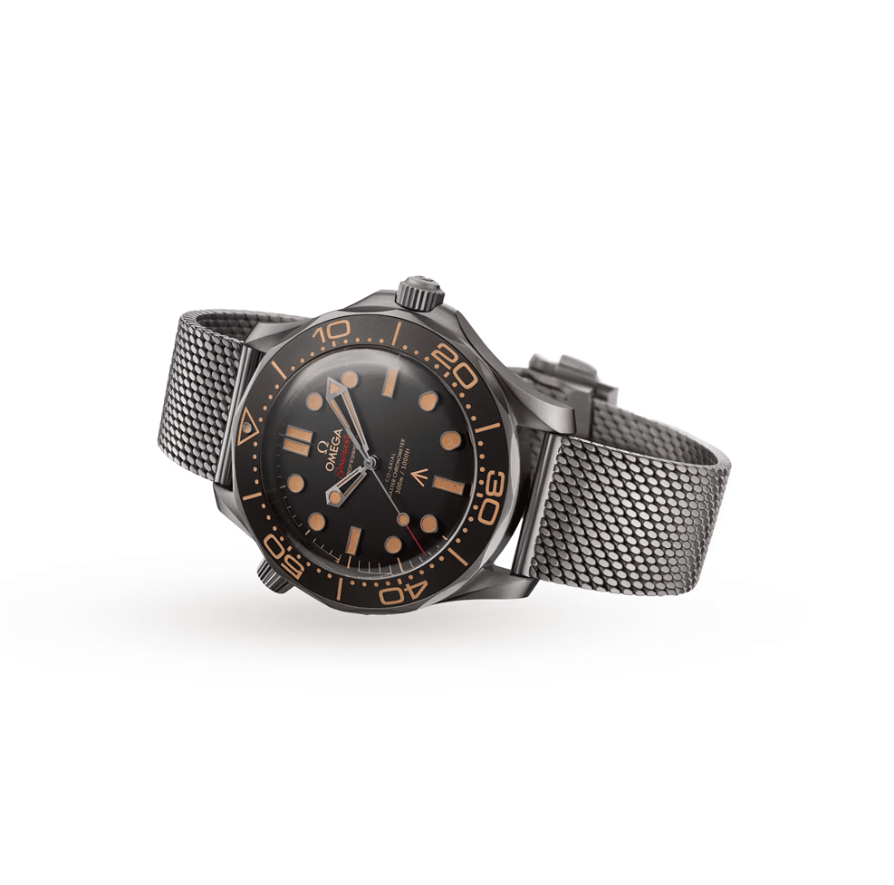 Omega Seamaster Diver men's automatic watch, 41mm stainless steel case, black dial, mesh bracelet – side angle view