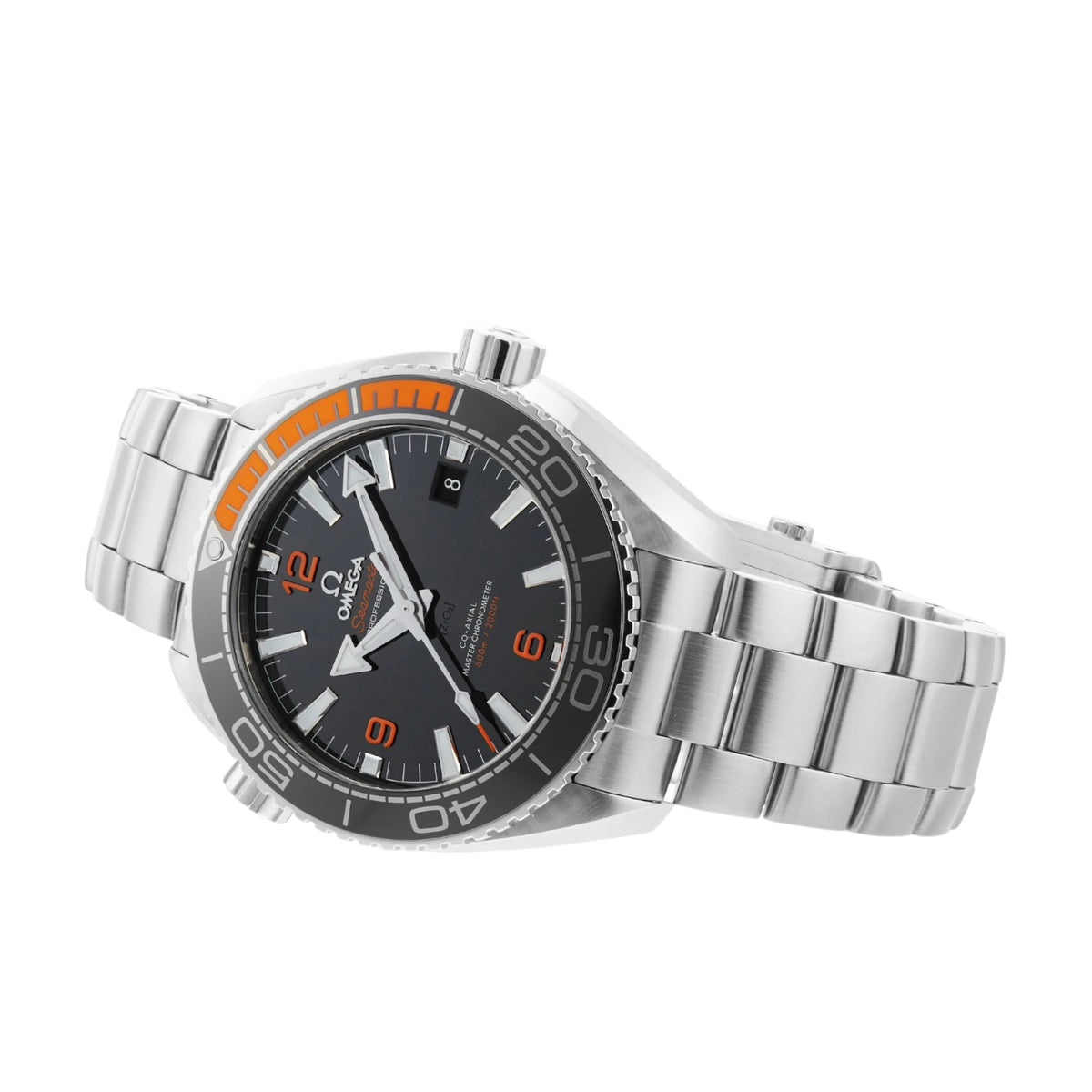 Omega Seamaster Planet Ocean 600M 215.30.44.21.01.002 men's automatic watch, 43.5mm stainless steel case, black dial, black and orange bezel, steel bracelet – angle view lying