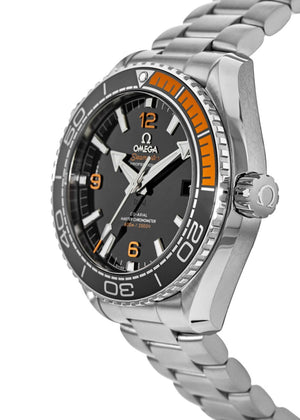Omega Seamaster Planet Ocean 600M 215.30.44.21.01.002 men's automatic watch, 43.5mm stainless steel case, black dial, black and orange bezel, steel bracelet – angle view