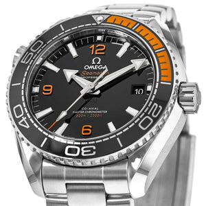Omega Seamaster Planet Ocean 600M 215.30.44.21.01.002 men's automatic watch, 43.5mm stainless steel case, black dial, black and orange bezel, steel bracelet – dial close-up