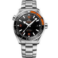 Omega Seamaster Planet Ocean 600M 215.30.44.21.01.002 men's automatic watch, 43.5mm stainless steel case, black dial, black and orange bezel, steel bracelet – front view