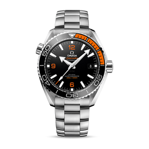 Omega Seamaster Planet Ocean 600M 215.30.44.21.01.002 men's automatic watch, 43.5mm stainless steel case, black dial, black and orange bezel, steel bracelet – full front view