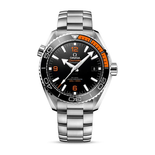 Omega Seamaster Planet Ocean 600M 215.30.44.21.01.002 men's automatic watch, 43.5mm stainless steel case, black dial, black and orange bezel, steel bracelet – full front view
