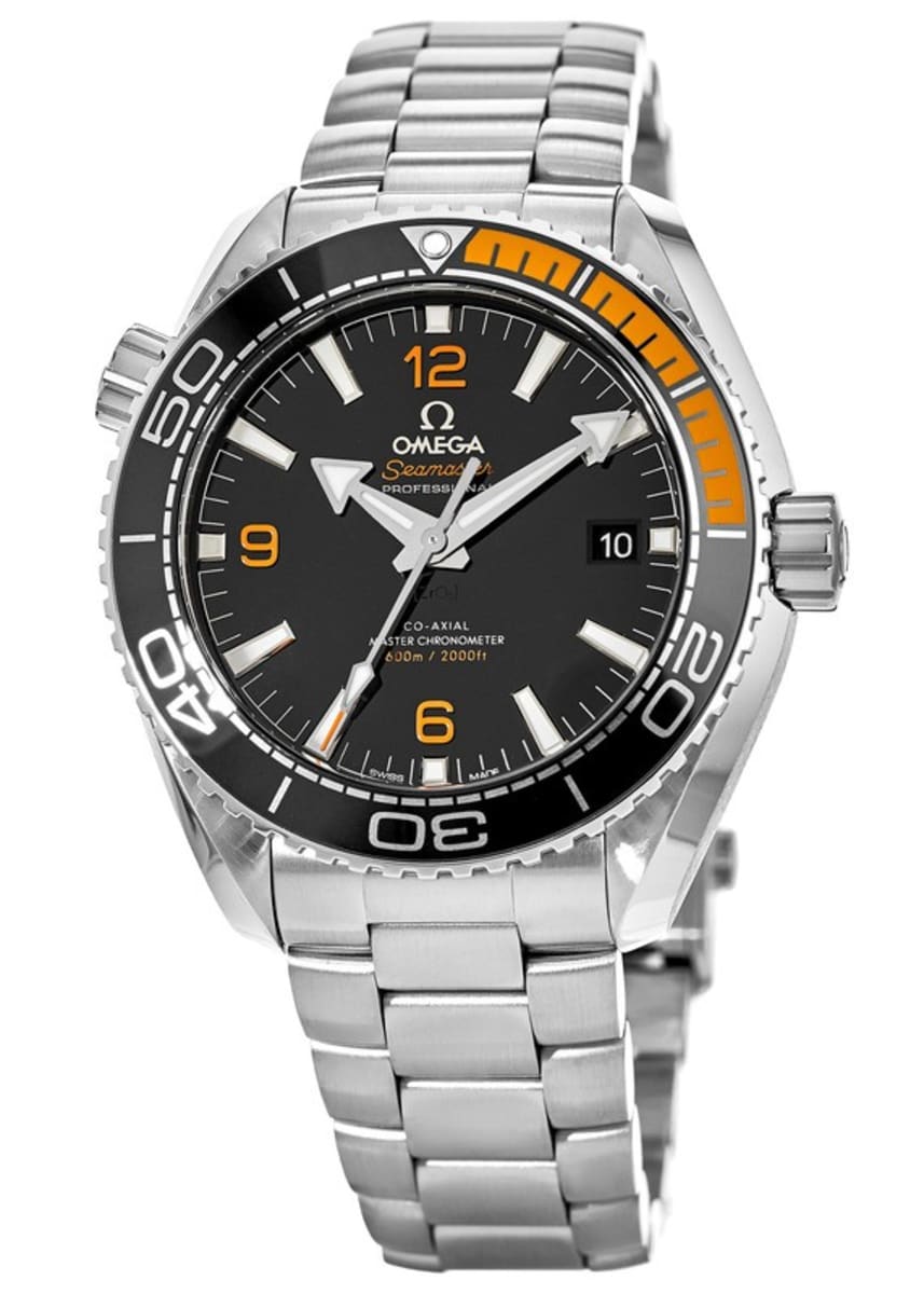 Omega Seamaster Planet Ocean 600M 215.30.44.21.01.002 men's automatic watch, 43.5mm stainless steel case, black dial, black and orange bezel, steel bracelet – right angle view