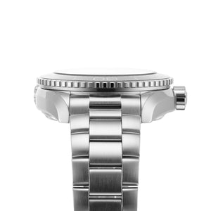 Omega Seamaster Planet Ocean 600M 215.30.44.21.01.002 men's automatic watch, 43.5mm stainless steel case, black dial, black and orange bezel, steel bracelet – side profile view