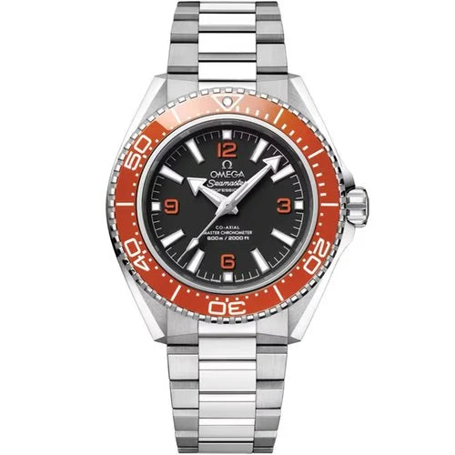 Omega Seamaster Planet Ocean 600M 217.30.42.21.01.003 men's automatic watch, 42mm stainless steel case, black dial, orange ceramic bezel, steel bracelet – full front view