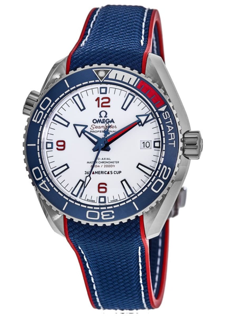 Omega Seamaster Planet Ocean 600M 36th America's Cup men's automatic watch, 43.5mm stainless steel case, white dial, blue and red strap – angle view