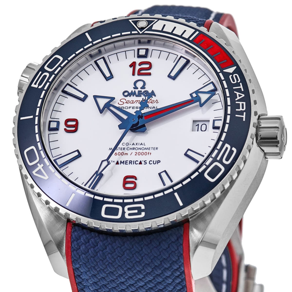Omega Seamaster Planet Ocean 600M 36th America's Cup men's automatic watch, 43.5mm stainless steel case, white dial, blue and red strap – dial close-up