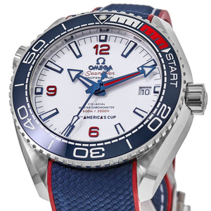 Omega Seamaster Planet Ocean 600M 36th America's Cup men's automatic watch, 43.5mm stainless steel case, white dial, blue and red strap – dial close-up