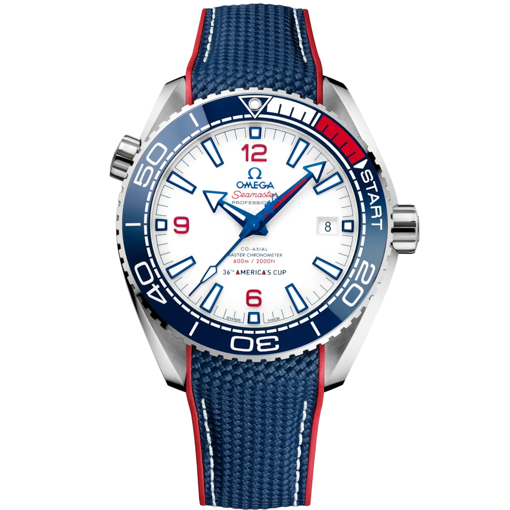 Omega Seamaster Planet Ocean 600M 36th America's Cup men's automatic watch, 43.5mm stainless steel case, white dial, blue and red strap – front view