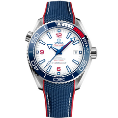 Omega Seamaster Planet Ocean 600M 36th America's Cup men's automatic watch, 43.5mm stainless steel case, white dial, blue and red strap – front view
