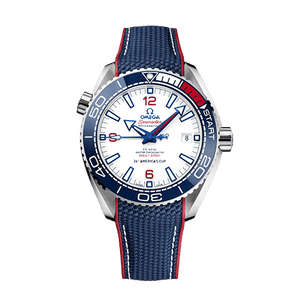 Omega Seamaster Planet Ocean 600M 36th America's Cup men's automatic watch, 43.5mm stainless steel case, white dial, blue and red strap – full front view