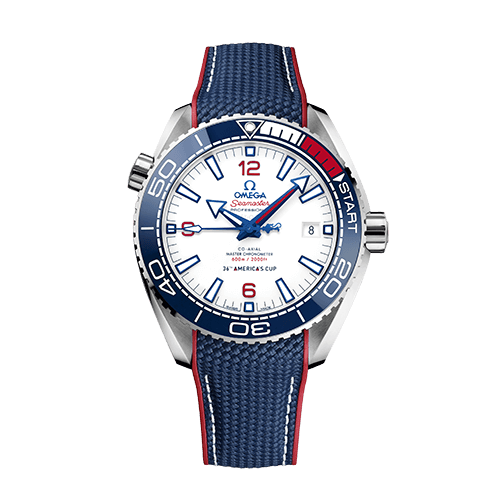 Omega Seamaster Planet Ocean 600M 36th America's Cup men's automatic watch, 43.5mm stainless steel case, white dial, blue and red strap – full front view