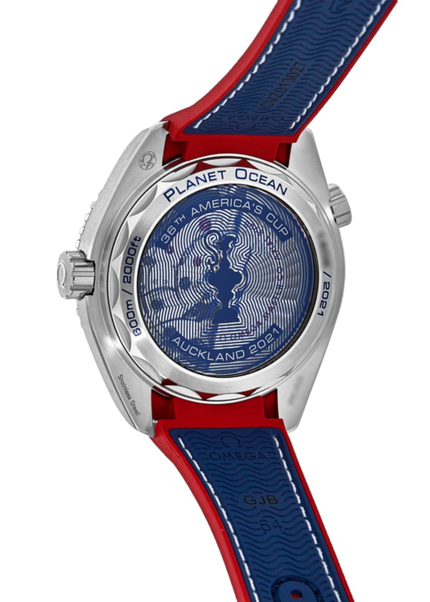 Omega Seamaster Planet Ocean 600M 36th America's Cup men's automatic watch, 43.5mm stainless steel case, white dial, blue and red strap – side profile view