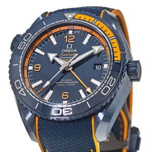 Omega Seamaster Planet Ocean 600M GMT Big Blue 215.92.46.22.03.001 men's automatic watch, 45.5mm blue ceramic case, blue dial, blue rubber strap – angle view