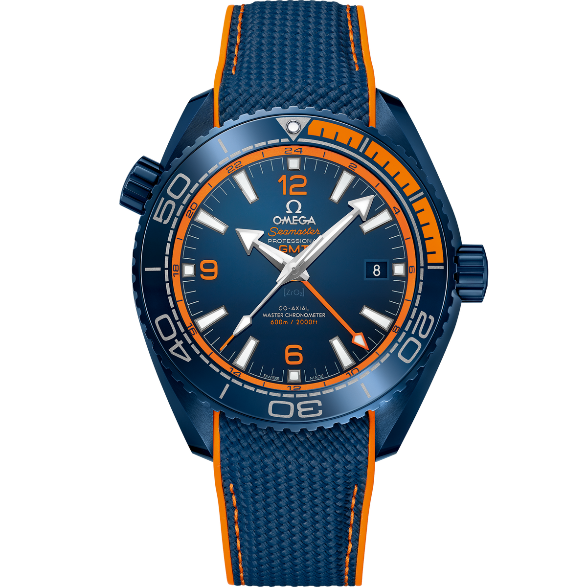 Omega Seamaster Planet Ocean 600M GMT Big Blue 215.92.46.22.03.001 men's automatic watch, 45.5mm blue ceramic case, blue dial, blue rubber strap – dial close-up