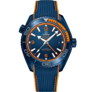 Omega Seamaster Planet Ocean 600M GMT Big Blue 215.92.46.22.03.001 men's automatic watch, 45.5mm blue ceramic case, blue dial, blue rubber strap – dial close-up