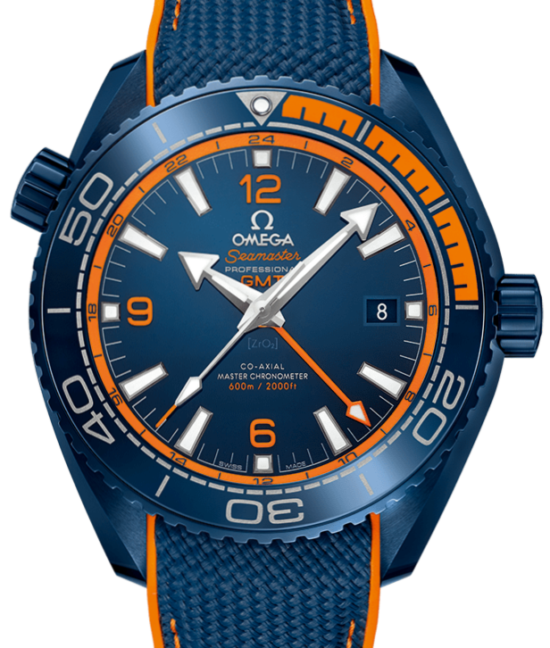 Omega Seamaster Planet Ocean 600M GMT Big Blue 215.92.46.22.03.001 men's automatic watch, 45.5mm blue ceramic case, blue dial, blue rubber strap – front view