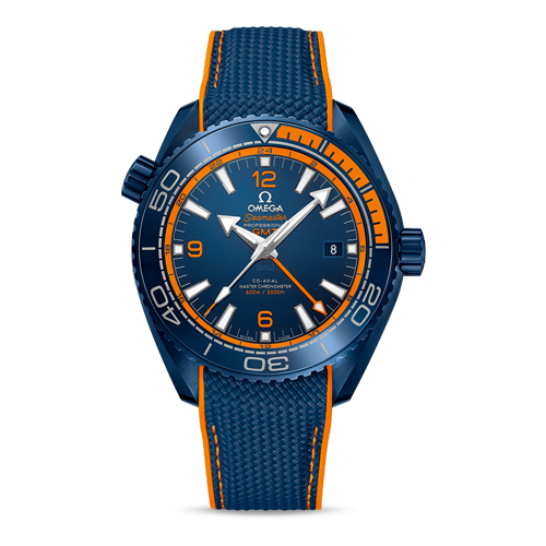 Omega Seamaster Planet Ocean 600M GMT Big Blue 215.92.46.22.03.001 men's automatic watch, 45.5mm blue ceramic case, blue dial, blue rubber strap – full front view