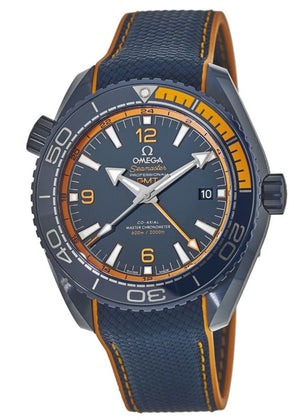 Omega Seamaster Planet Ocean 600M GMT Big Blue 215.92.46.22.03.001 men's automatic watch, 45.5mm blue ceramic case, blue dial, blue rubber strap – side angle view