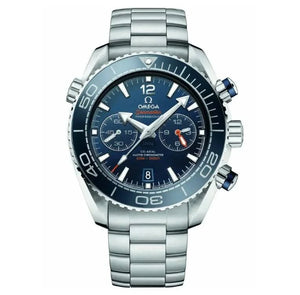 Omega Seamaster Planet Ocean 600M men's chronograph watch, 45.5mm stainless steel case, blue dial with orange accents, steel bracelet – angle view