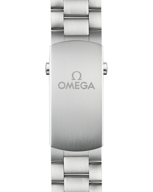 Omega Seamaster Planet Ocean 600M men's chronograph watch, 45.5mm stainless steel case, blue dial with orange accents, steel bracelet – bracelet clasp view