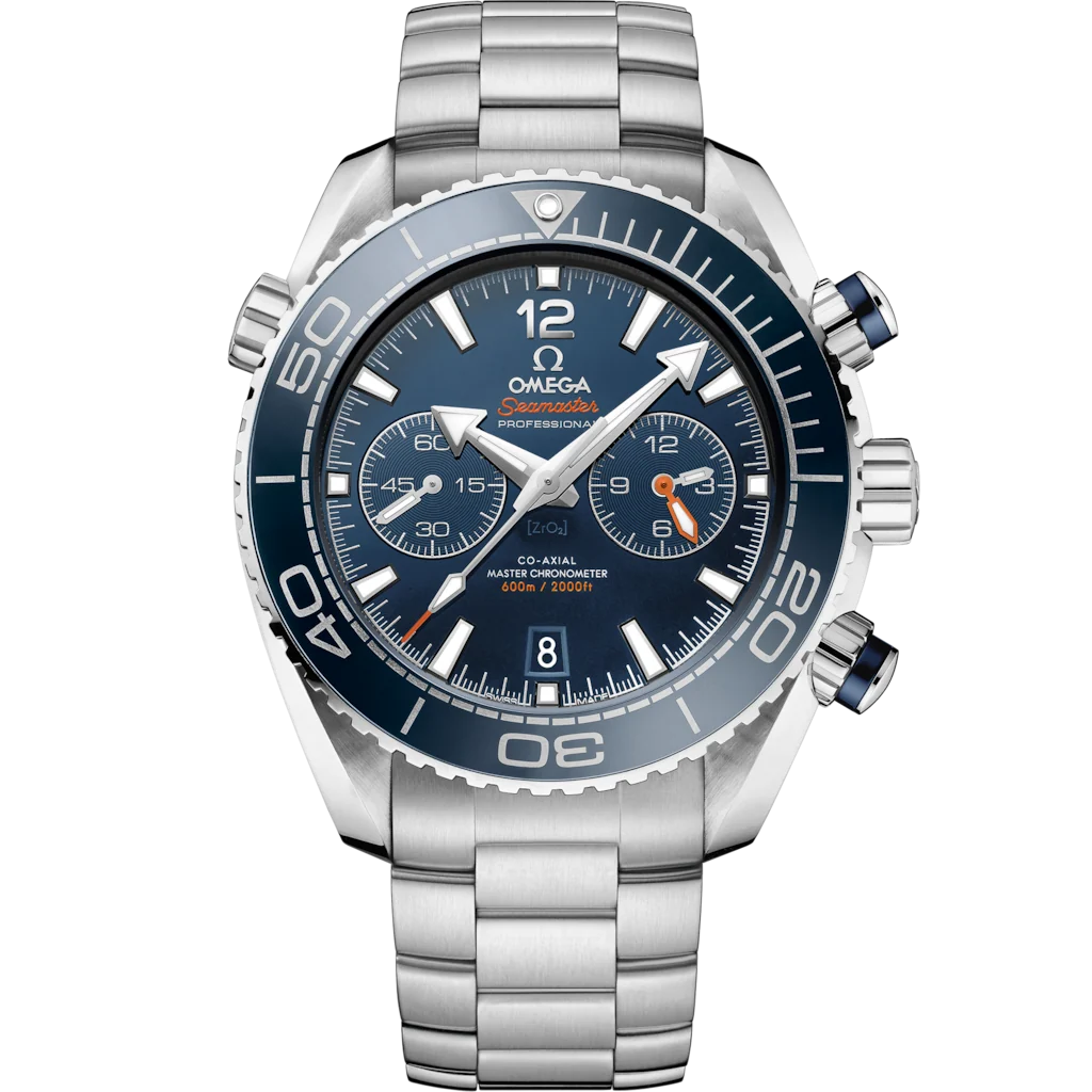 Omega Seamaster Planet Ocean 600M men's chronograph watch, 45.5mm stainless steel case, blue dial with orange accents, steel bracelet – front view