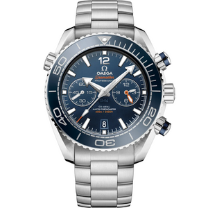 Omega Seamaster Planet Ocean 600M men's chronograph watch, 45.5mm stainless steel case, blue dial with orange accents, steel bracelet – front view