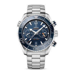 Omega Seamaster Planet Ocean 600M men's chronograph watch, 45.5mm stainless steel case, blue dial with orange accents, steel bracelet – full front view