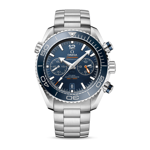 Omega Seamaster Planet Ocean 600M men's chronograph watch, 45.5mm stainless steel case, blue dial with orange accents, steel bracelet – full front view