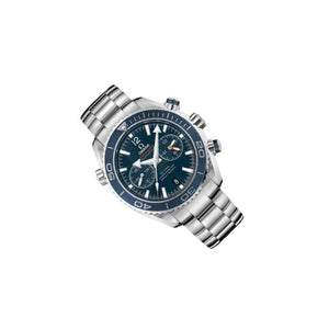 Omega Seamaster Planet Ocean 600M men's chronograph watch, 45.5mm stainless steel case, blue dial with orange accents, steel bracelet – left angle view