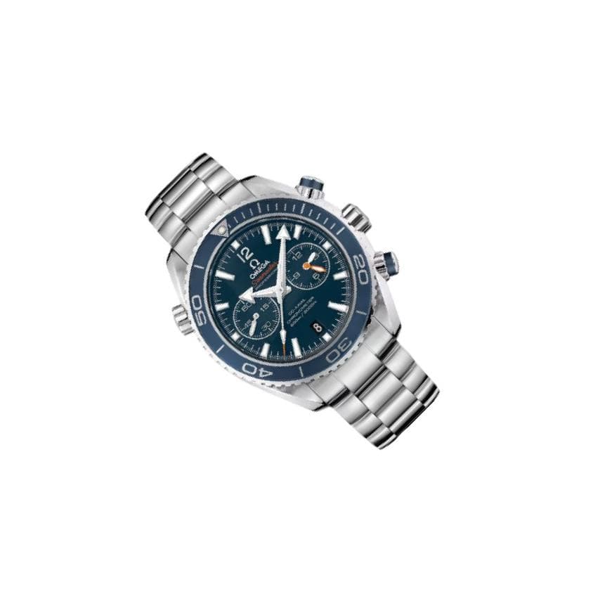 Omega Seamaster Planet Ocean 600M men's chronograph watch, 45.5mm stainless steel case, blue dial with orange accents, steel bracelet – left angle view