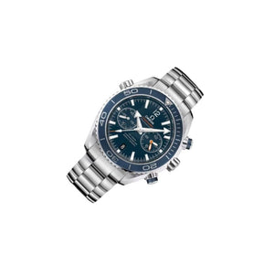 Omega Seamaster Planet Ocean 600M men's chronograph watch, 45.5mm stainless steel case, blue dial with orange accents, steel bracelet – right angle view