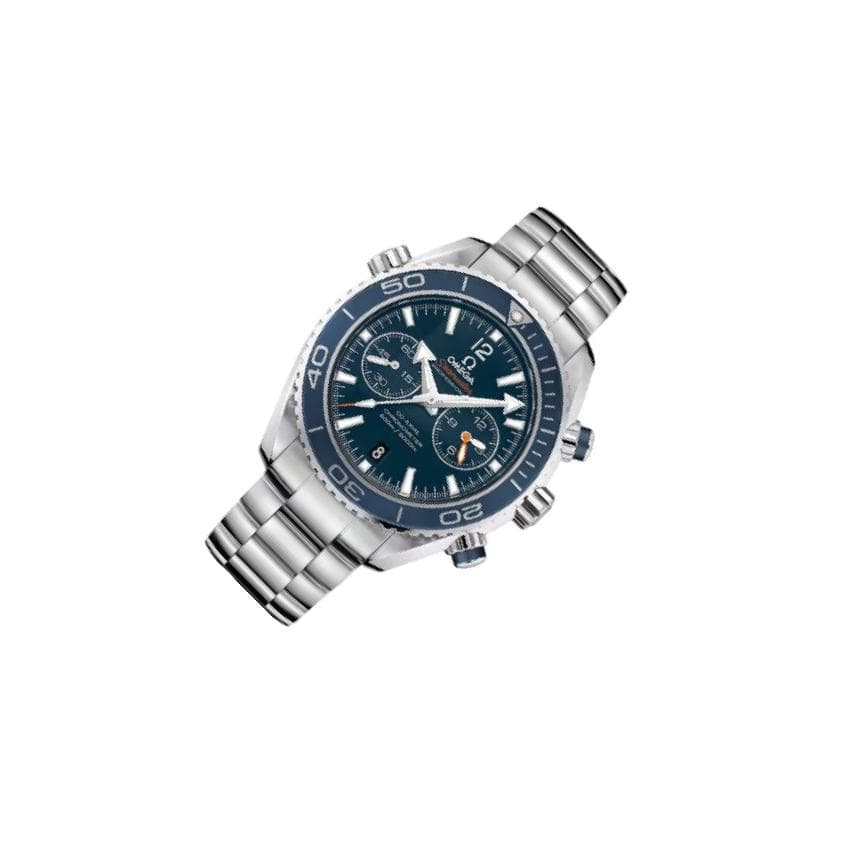 Omega Seamaster Planet Ocean 600M men's chronograph watch, 45.5mm stainless steel case, blue dial with orange accents, steel bracelet – right angle view