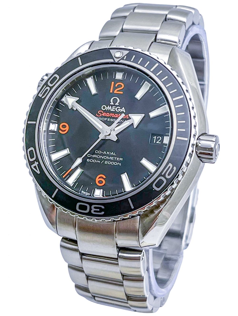 Omega Seamaster Planet Ocean 600M men's quartz watch, 42mm stainless steel case, black dial with orange numerals, steel bracelet – angle view