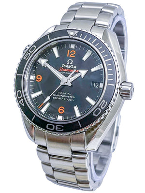 Omega Seamaster Planet Ocean 600M men's quartz watch, 42mm stainless steel case, black dial with orange numerals, steel bracelet – angle view