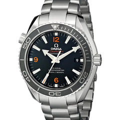 Omega Seamaster Planet Ocean 600M men's quartz watch, 42mm stainless steel case, black dial with orange numerals, steel bracelet – front view