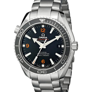 Omega Seamaster Planet Ocean 600M men's quartz watch, 42mm stainless steel case, black dial with orange numerals, steel bracelet – front view