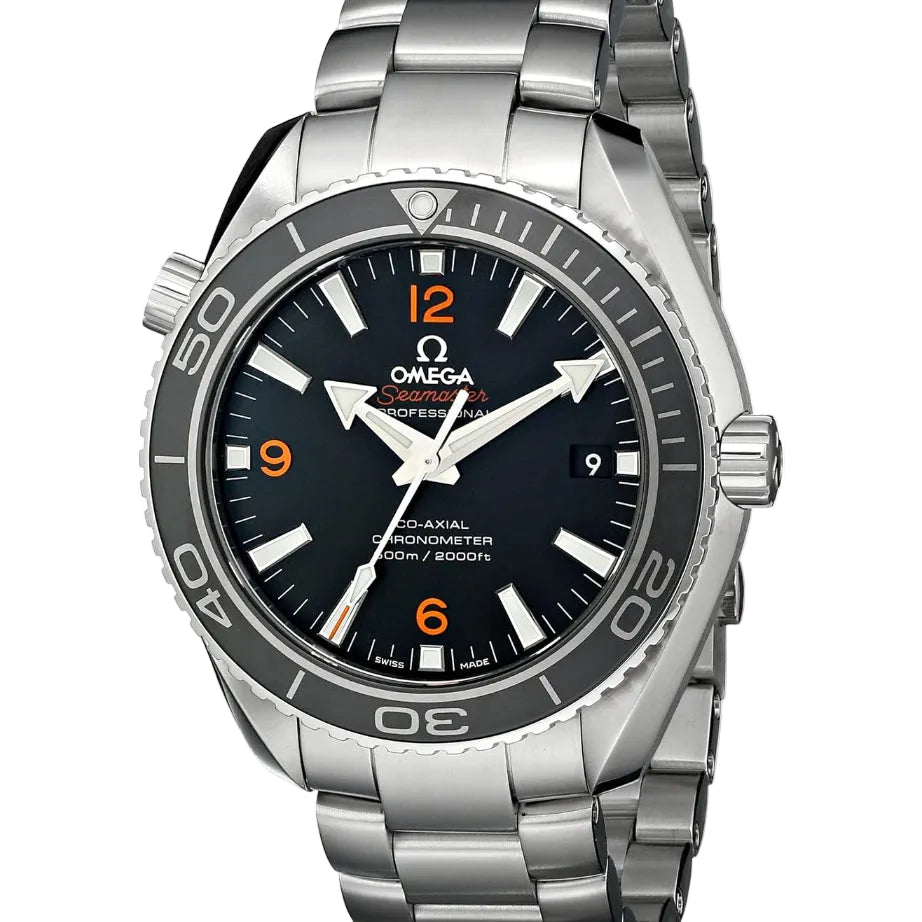 Omega Seamaster Planet Ocean 600M men's quartz watch, 42mm stainless steel case, black dial with orange numerals, steel bracelet – front view