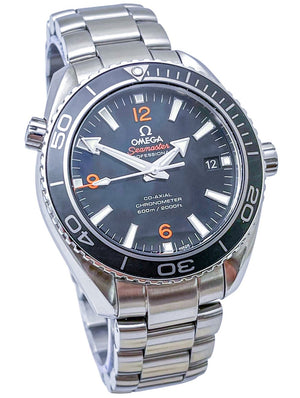 Omega Seamaster Planet Ocean 600M men's quartz watch, 42mm stainless steel case, black dial with orange numerals, steel bracelet – full front view