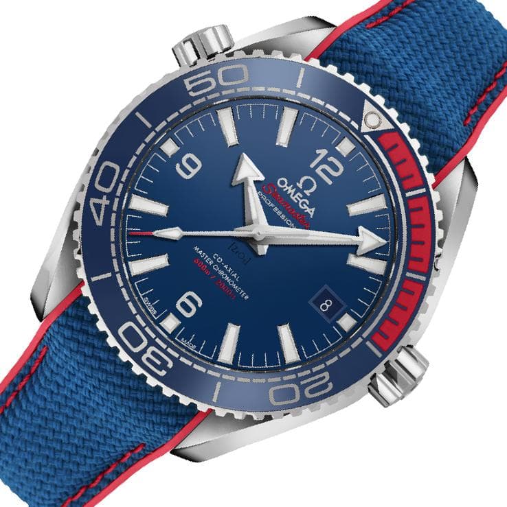 Omega Seamaster Planet Ocean 600M PyeongChang 2018 522.32.44.21.03.001 men's automatic watch, blue dial, blue rubber strap – angle close-up
