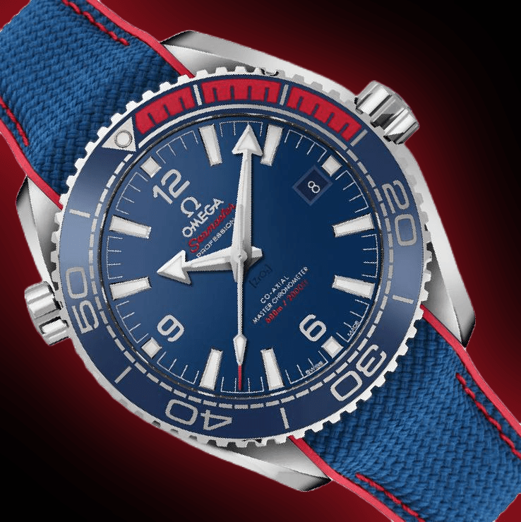 Omega Seamaster Planet Ocean 600M PyeongChang 2018 522.32.44.21.03.001 men's automatic watch, blue dial, blue and red ceramic bezel – angle view on dark background
