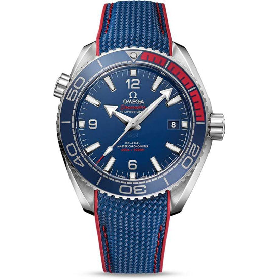 Omega Seamaster Planet Ocean 600M PyeongChang 2018 522.32.44.21.03.001 men's automatic watch, 43.5mm stainless steel case, blue dial, blue rubber strap – front view