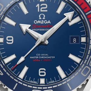 Omega Seamaster Planet Ocean 600M PyeongChang 2018 522.32.44.21.03.001 men's automatic watch – blue dial close-up with red accents