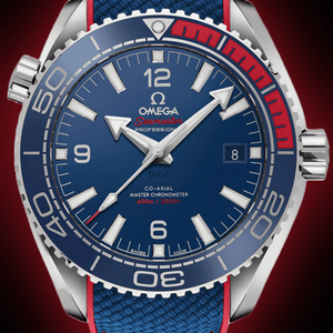 Omega Seamaster Planet Ocean 600M PyeongChang 2018 522.32.44.21.03.001 men's automatic watch, 43.5mm stainless steel case, blue dial – front view on dark background