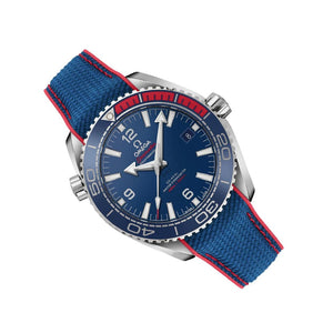 Omega Seamaster Planet Ocean 600M PyeongChang 2018 522.32.44.21.03.001 men's automatic watch, 43.5mm stainless steel case, blue dial, blue rubber strap – left angle view