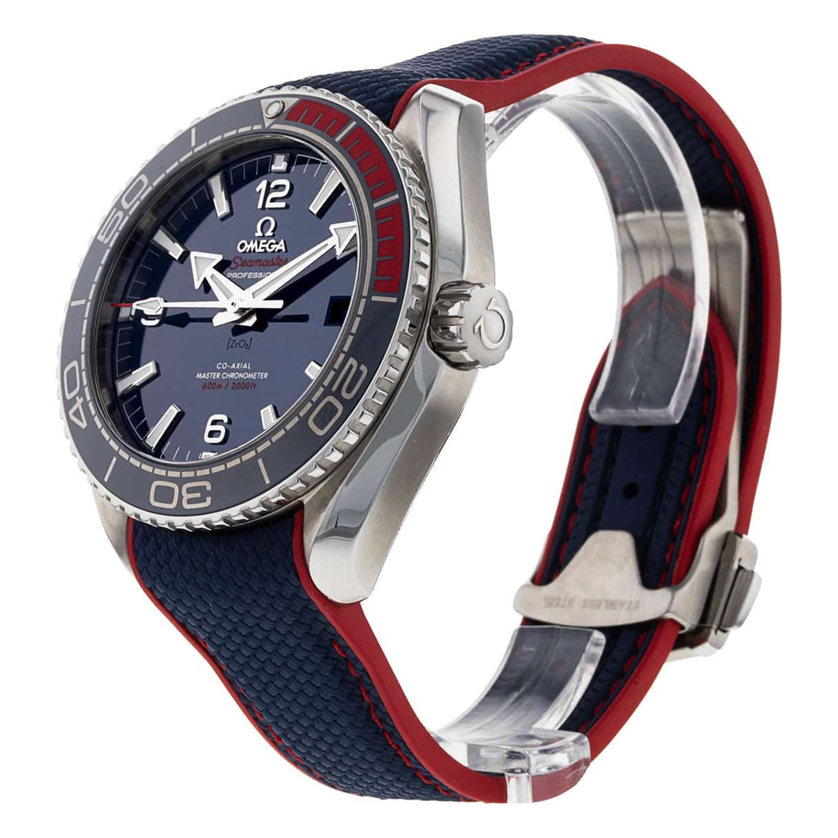 Omega Seamaster Planet Ocean 600M PyeongChang 2018 522.32.44.21.03.001 men's automatic watch, 43.5mm stainless steel case, blue rubber strap – side profile view with crown and helium valve