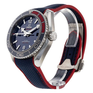 Omega Seamaster Planet Ocean 600M PyeongChang 2018 522.32.44.21.03.001 men's automatic watch, 43.5mm stainless steel case, blue rubber strap – side profile view with crown and helium valve
