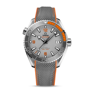 Omega Seamaster Planet Ocean 600M Titanium men's automatic watch, 43.5mm titanium case, grey dial, orange bezel, rubber strap – front view