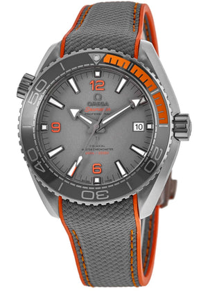 Omega Seamaster Planet Ocean 600M Titanium men's automatic watch, 43.5mm titanium case, grey dial, orange bezel, rubber strap – full front view